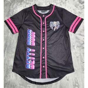Betty Boop Top Womens L Black Graphic Baseball Jersey Born to Rise Angel Wings